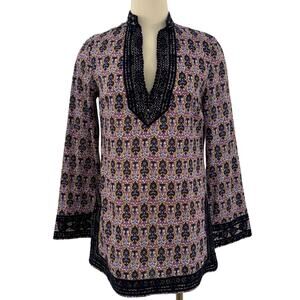 Tory Burch Embroidered Printed Tory Tunic Navy Blue Blouse Top | Size 4